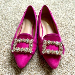 VICI suede hot pink flats with crystal emblem. Size 9.